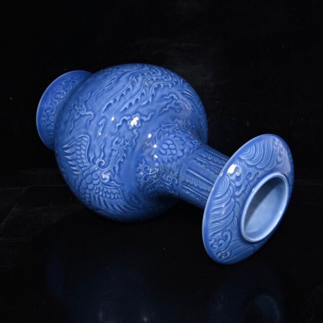 ◆古寳堂◆明 宣德年製款 天藍釉 鳳紋 花瓶 古陶瓷品 極細工 古置物 古擺件 中国古美術 時代物 古董品_画像8