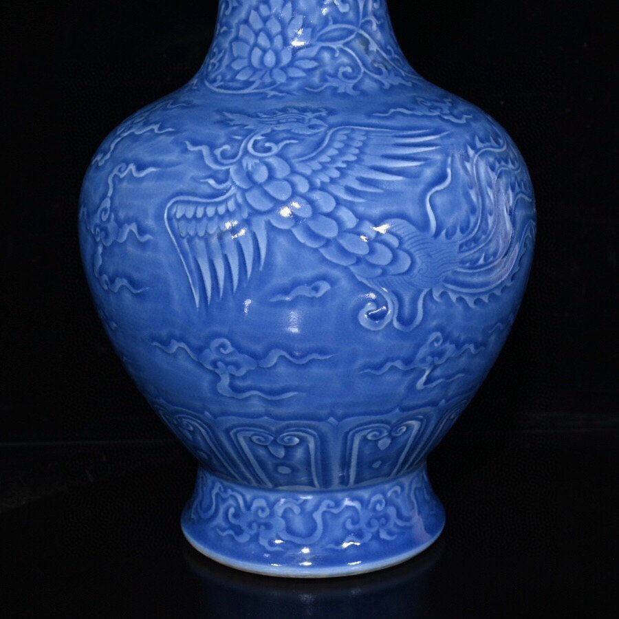 ◆古寳堂◆明 宣德年製款 天藍釉 鳳紋 花瓶 古陶瓷品 極細工 古置物 古擺件 中国古美術 時代物 古董品_画像5