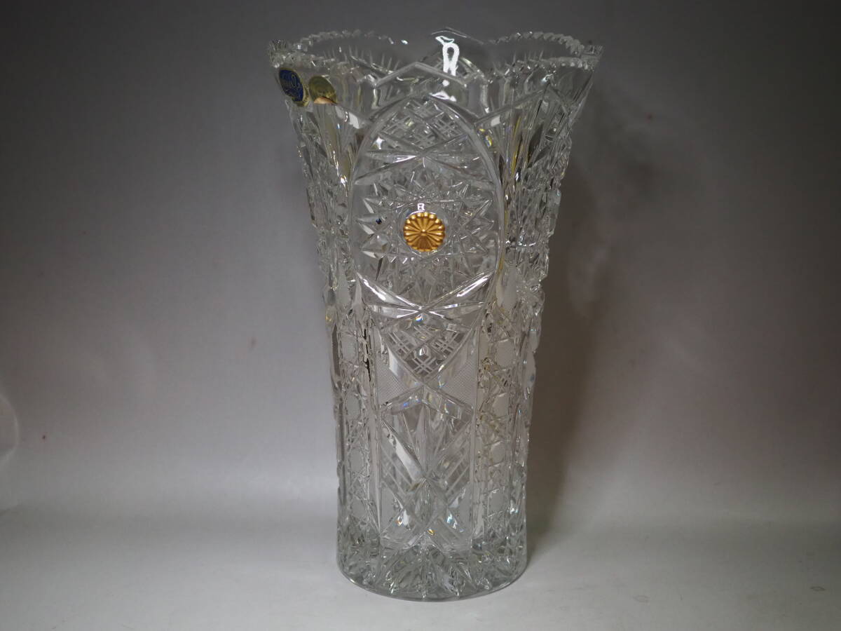 激レア ボヘミアクリスタル チェコ ガラス花瓶 菊の御紋 ゴールド 未使用の画像1