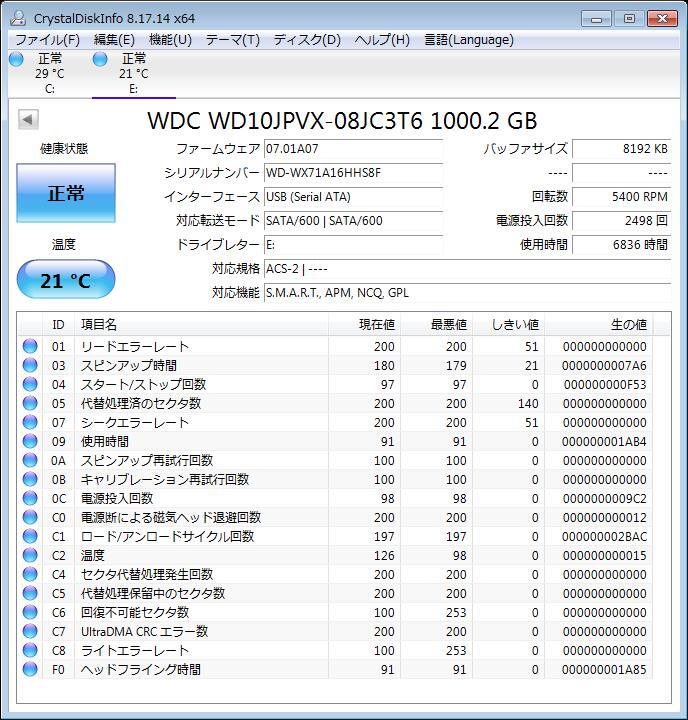 【HDD 1TB】WD Blue 2.5インチ 9.5ｍｍ ハードディスク 使用時間6836時間 [HS8F1000HD119]の画像4