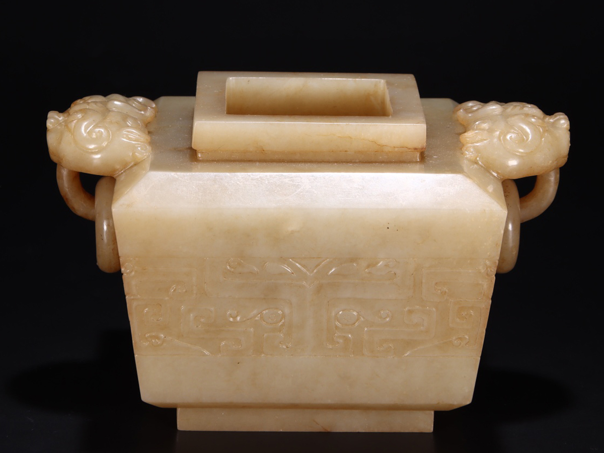 ▽鴻▽清・和田玉彫・双獣耳炉 時代物 中国古美術 骨董品