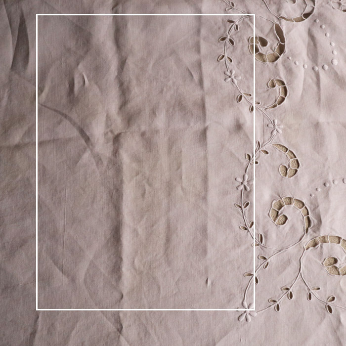 [120] France antique Vintage linen tablecloth panel curtain white hand embroidery initial cut Work interior 