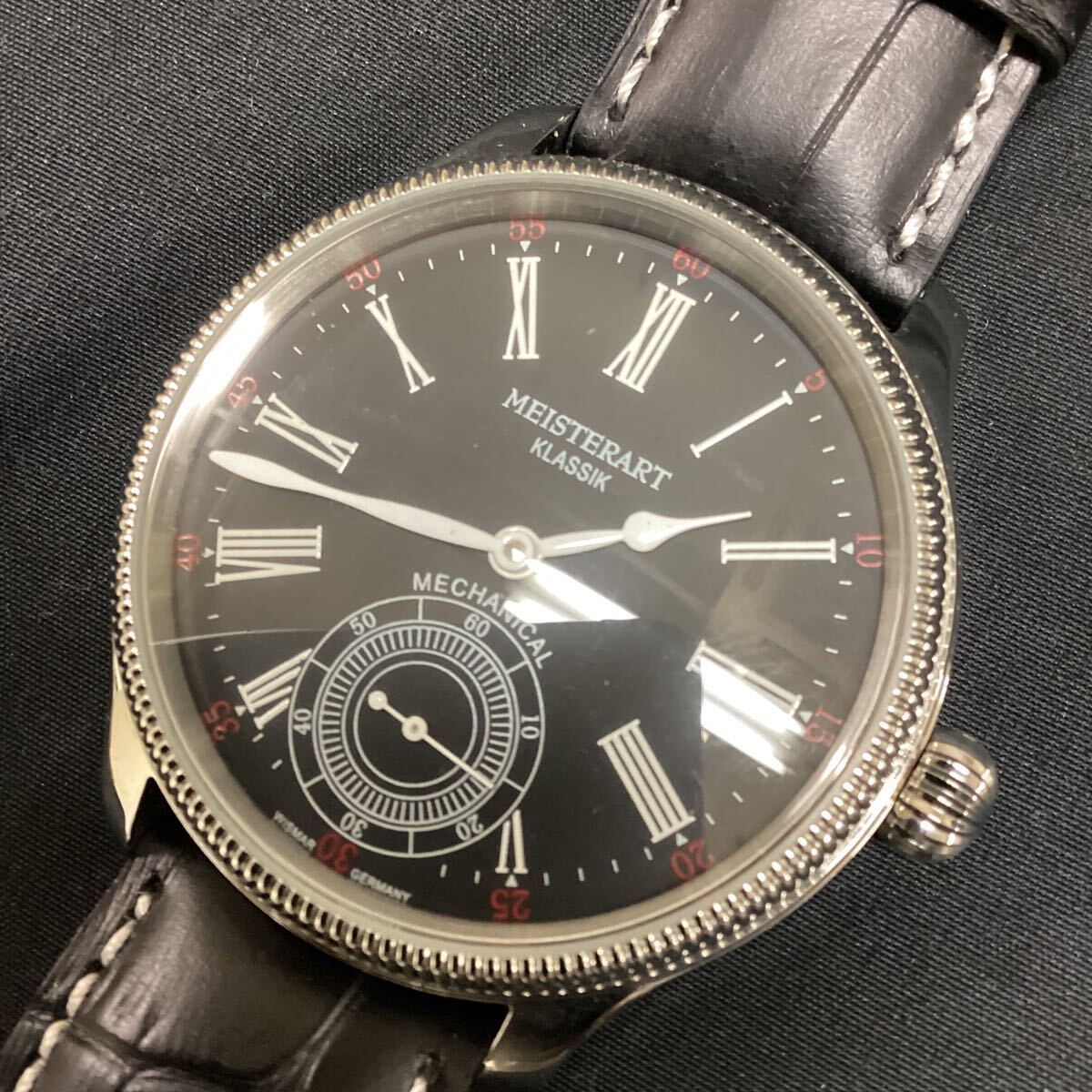 MEISTERART wristwatch clock hand winding black leather 