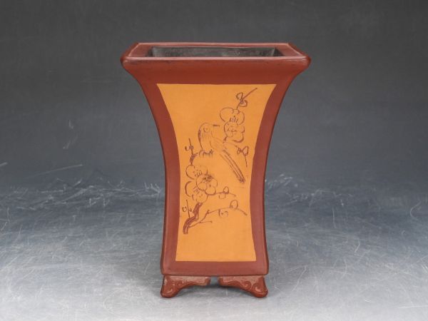 ISBS】人気中国盆器 奠女弟作「奠女弟絵朱泥外縁釘彫草花鳥漢詩文図雲 ISBS】人気中国盆器 奠女弟作「奠女弟絵朱泥外縁釘彫草花鳥漢詩文図雲