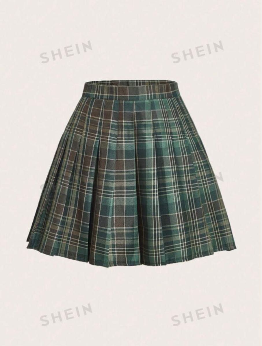 SHEIN プリーツスカート グリーン 格子柄 チェック