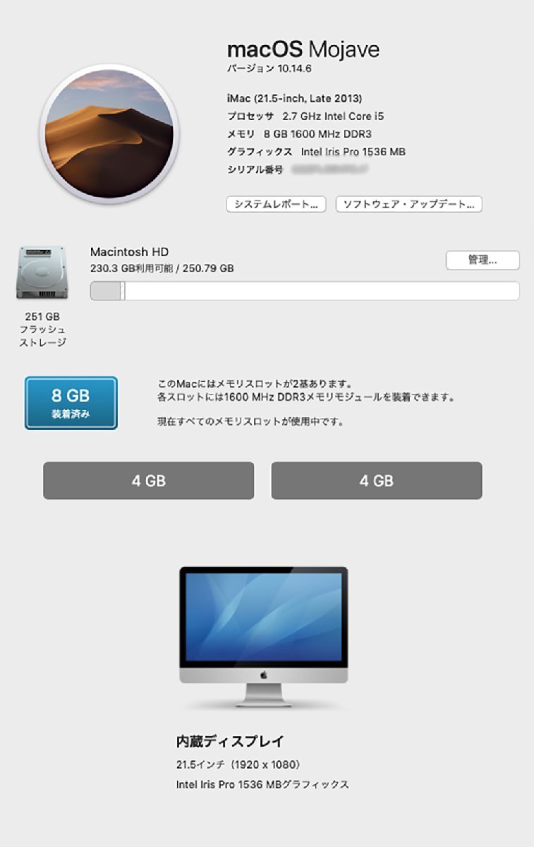 1円スタート カスタム iMac 21.5 inch 2013 A1418　i5 2.7GHz 8GB SSD256 中古品 6-5_画像9