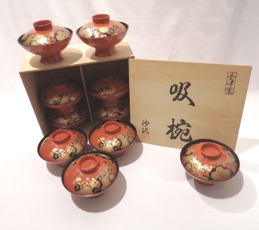 会津塗 沙泥 吸椀 10客セット 木箱入り 金彩 蒔絵 汁椀 漆器 和食器  蓋付椀 未使用品