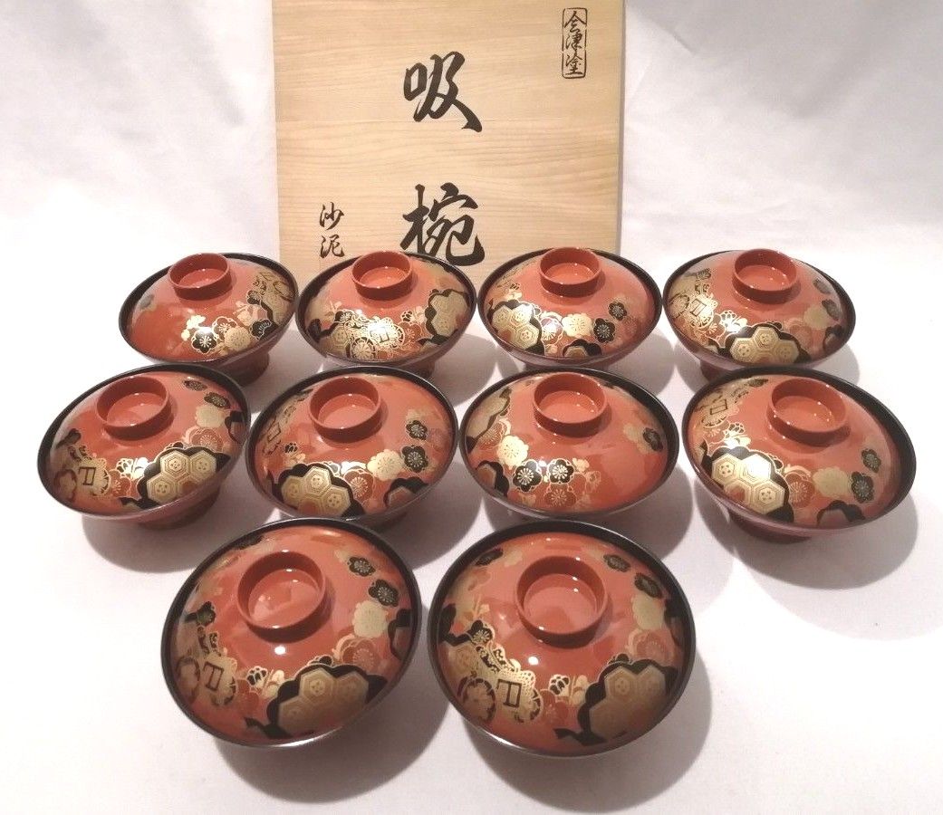 会津塗 沙泥 吸椀 10客セット 木箱入り 金彩 蒔絵 汁椀 漆器 和 会津塗 沙泥 吸椀 10客セット 木箱入り 金彩 蒔絵 汁椀 漆器 和
