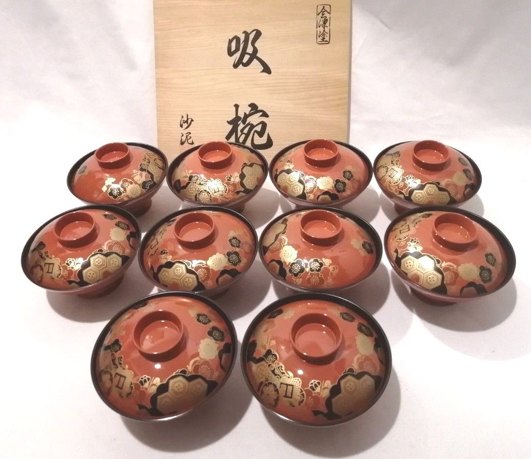 会津塗 沙泥 吸椀 10客セット 木箱入り 金彩 蒔絵 汁椀 漆器 和食器  蓋付椀 未使用品