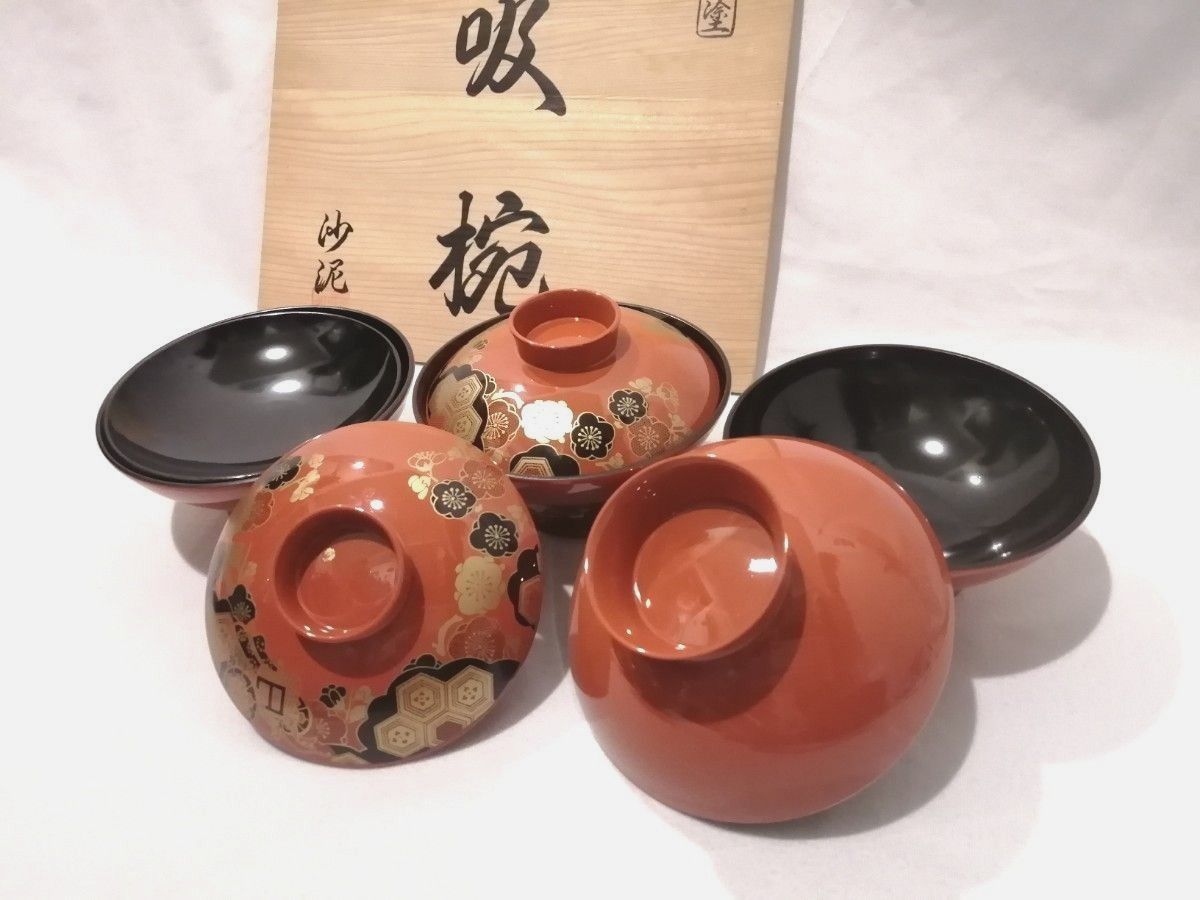 会津塗 沙泥 吸椀 10客セット 木箱入り 金彩 蒔絵 汁椀 漆器 和食器  蓋付椀 未使用品