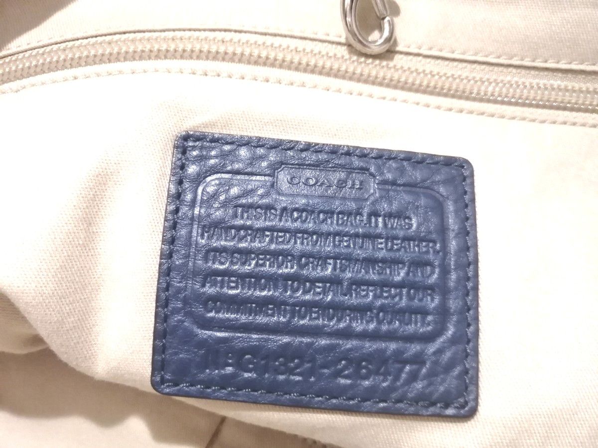 COACH コーチ レザー トートバッグ ネイビー ブルー バイカラー シボ  革 ターンロック タッセル 26477