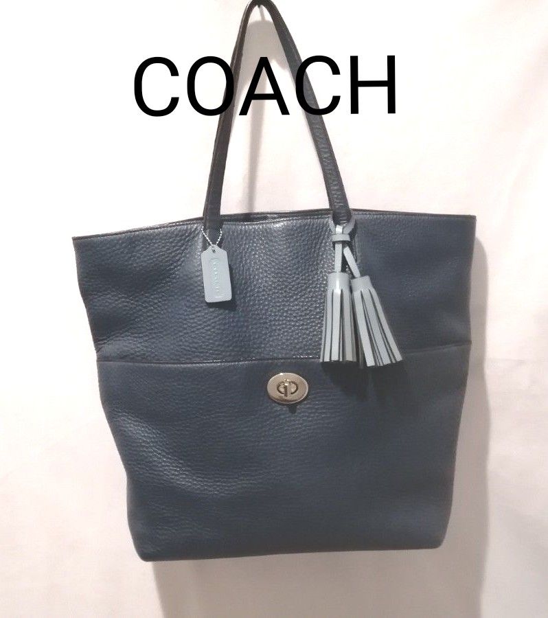 COACH コーチ レザー トートバッグ ネイビー ブルー バイカラー シボ  革 ターンロック タッセル 26477