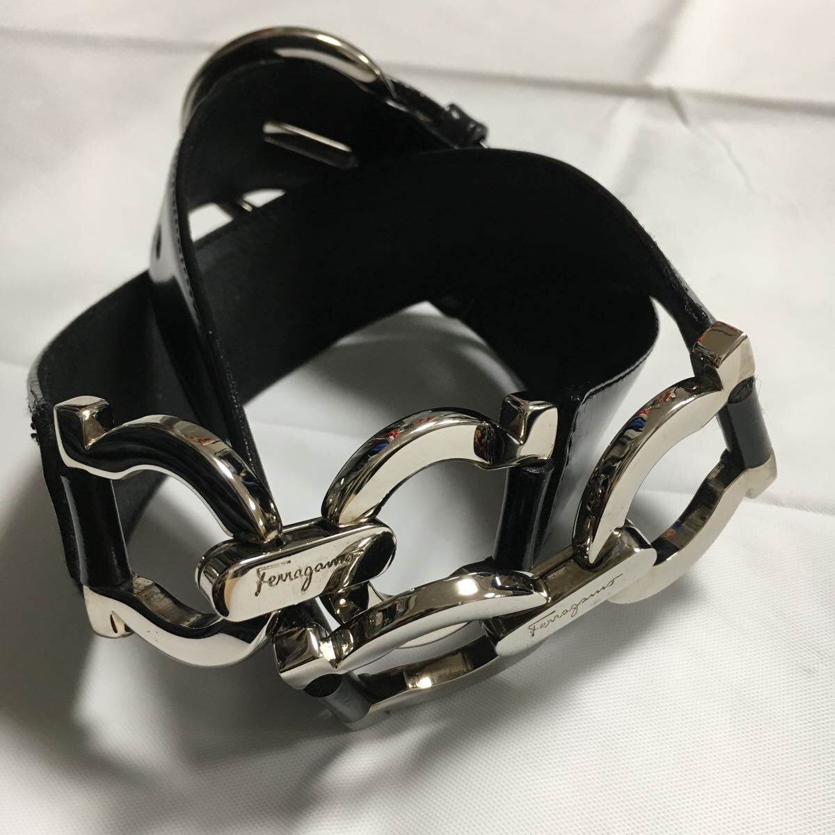 送料一律370円 手入れ済み Salvatore Ferragamo ベルト ガンチーニ レザー ブラック シルバー サルヴァトーレ フェラガモ_画像3