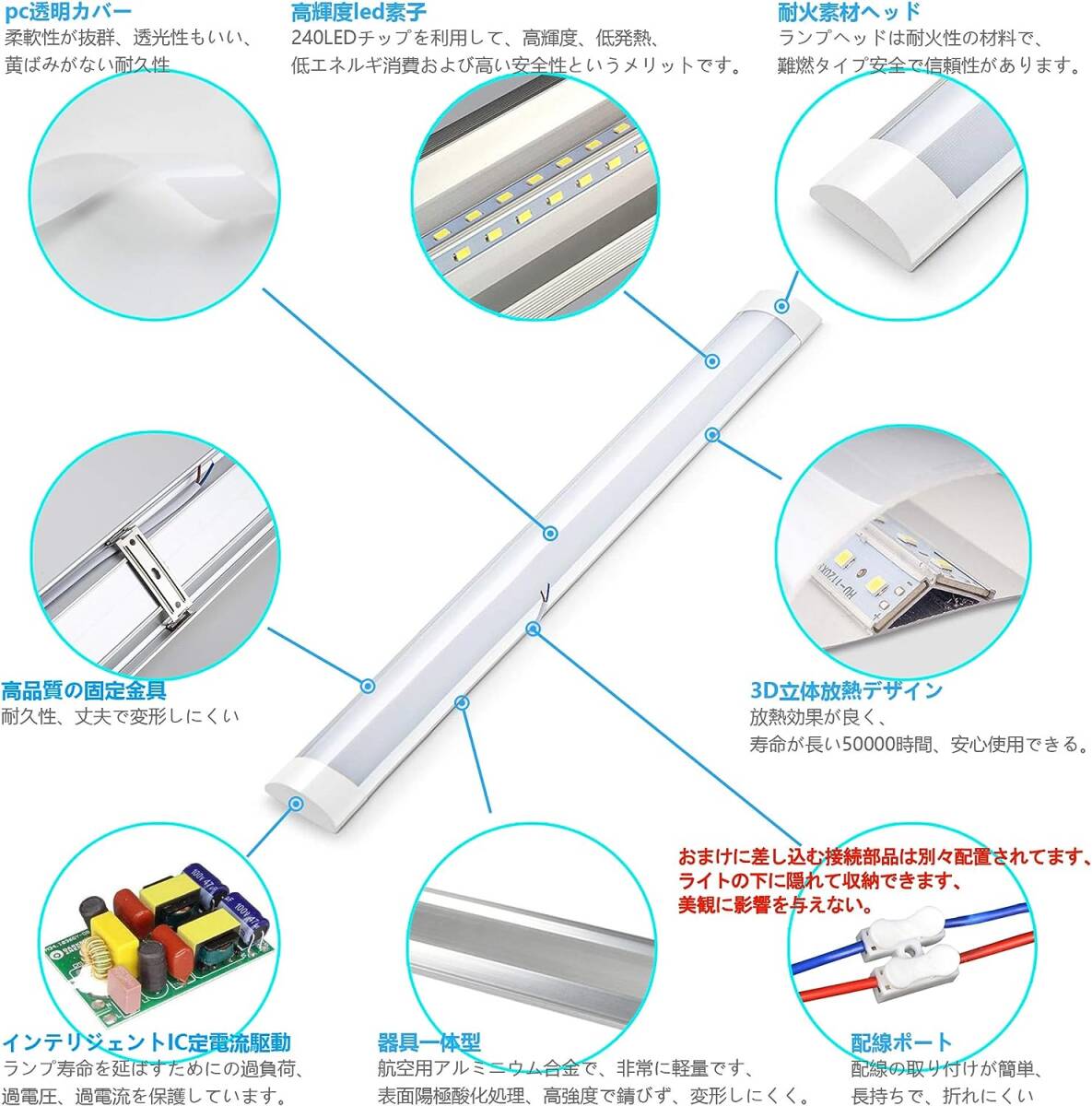 昼光色 1本 LED蛍光灯 ベースランプ ledキッチンベースライト天井照明 直管 器具一体型 昼光色（6000K） 120cm _画像2