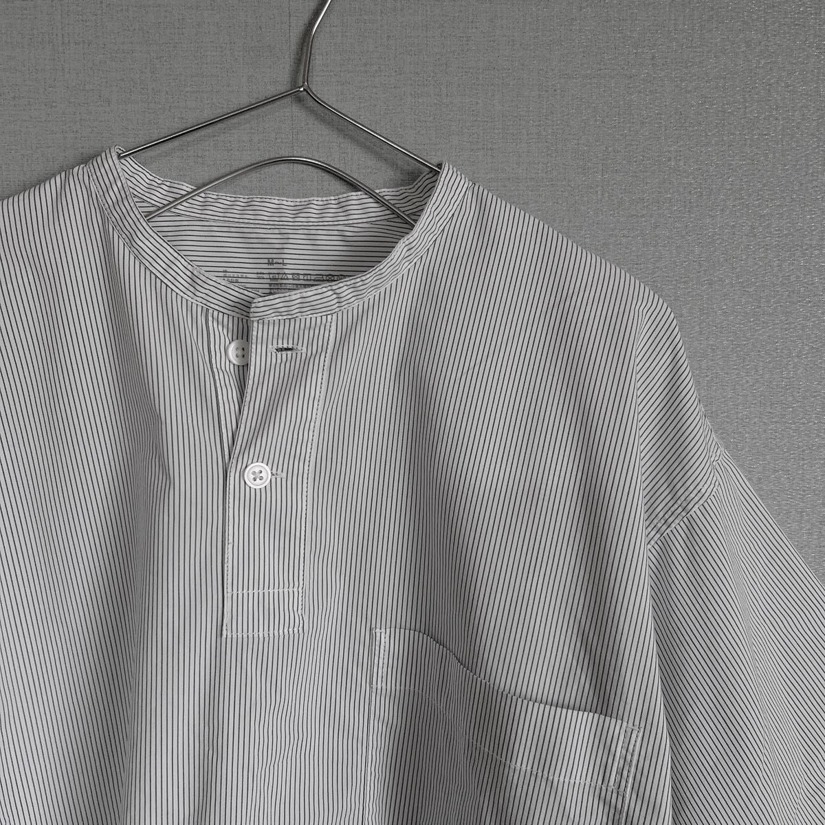 無印良品★MUJI ノーカラーシャツM〜L ピンストライプ　ブルー ホワイト ブラウス Shirt 半袖