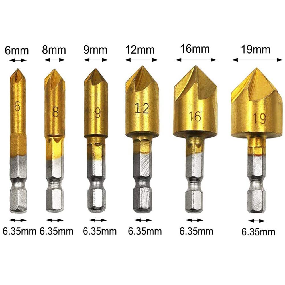 ・ 皿取り錐ドリル ビット 6～19mm HSS鋼 六角軸 穴あけ 下穴錐 座ぐり 面取りカッター チタンコーティング 電動ドリルセット 6本セット_画像2