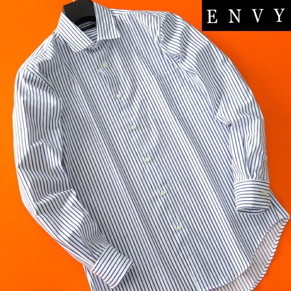 新品 山喜 エンビオム ファインクロス ストレッチ ドレス シャツ M 白紺 【HJD559_75】 ENVY HOMME メンズ 長袖 吸水速乾 イージーケア_画像2