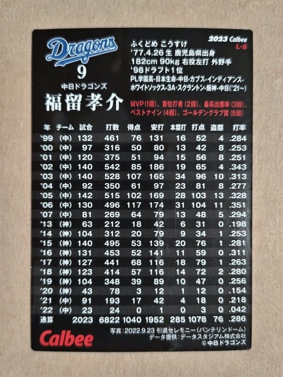 カルビー プロ野球チップス 2023 レジェンドカード 金サイン 福留孝介(中日) L-8の画像2