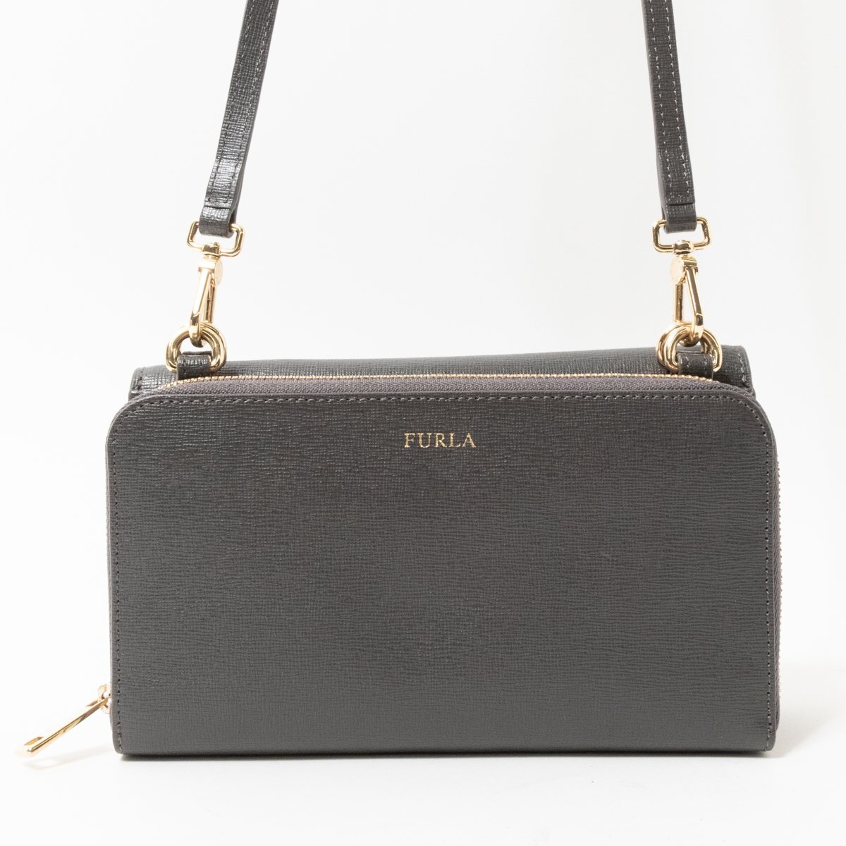 【1円スタート】FURLA フルラ リーヴァ お財布ショルダーバッグ クロスボディー 長財布 ポーチ レザー グレー ラウンドファスナー 婦人鞄_画像1