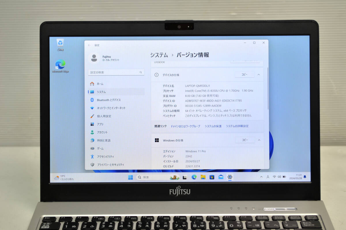 Fujitsu lifebook S938/B Core i5-8350u メモリー8G SSD(M.2)128G 13.3インチフルHD液晶 Webカメラ Wifi Bluetooth Windows11の画像2