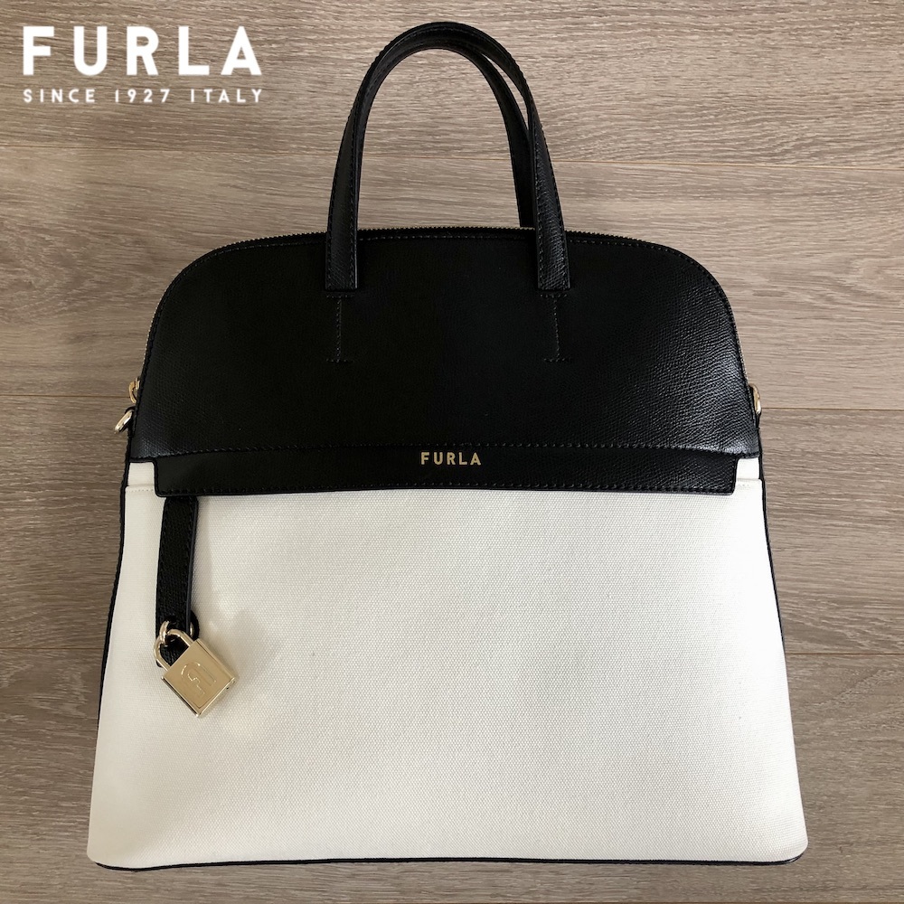 【美品】FURLA（フルラ）パイパー ハンドバッグ キャンバス×レザー アイボリー×黒 USED_画像1