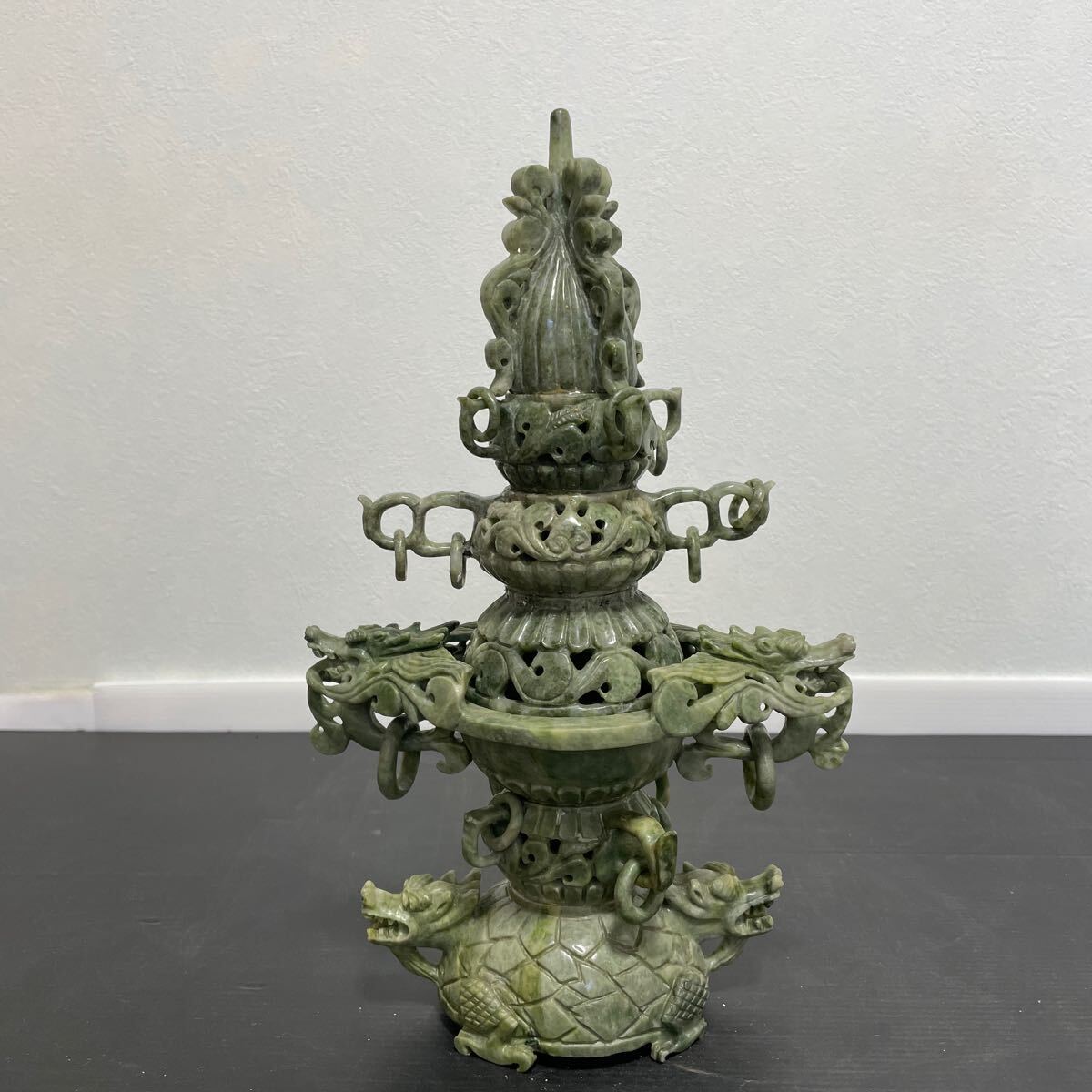 中国美術 時代彫刻 香炉 古美術 翡翠 龍透 塔香炉 置物 唐物　31センチ