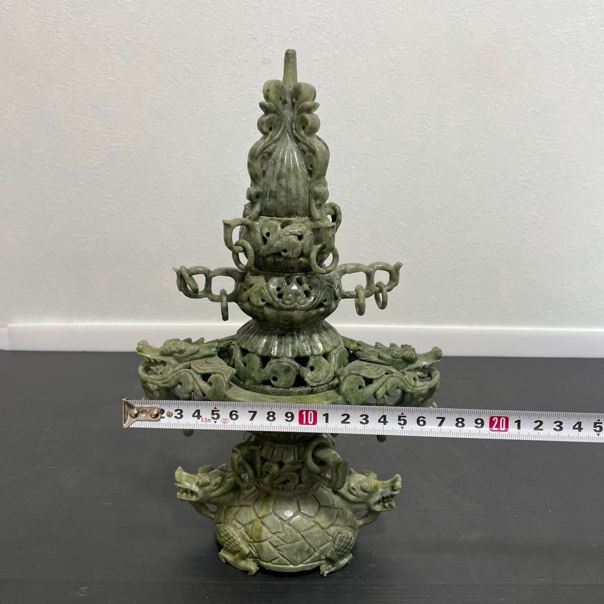 中国美術 時代彫刻 香炉 古美術 翡翠 龍透 塔香炉 置物 唐物　31センチ_画像9