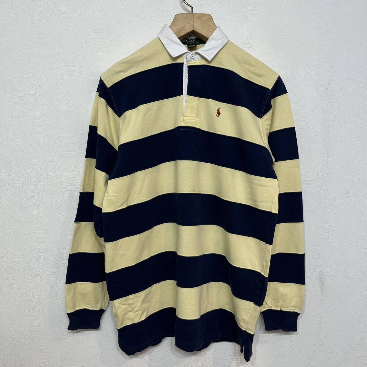 h418 90 年代 Ralph Lauren ボーダー ラガー シャツ イエロー XL ビッグ 黄 ラルフローレン 90s vintage ビンテージ_画像2