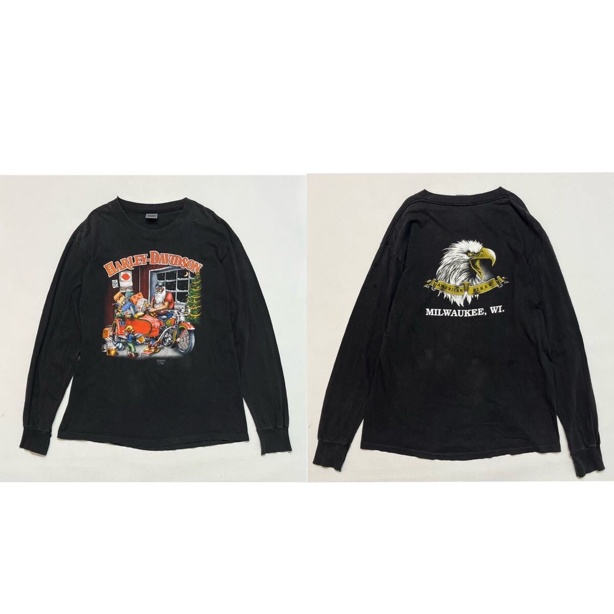 k324 90s ビンテージ アメリカ 製 Harley Davidson 3D ENBLEM 両面 Tシャツ サンタ 鷲 クリスマス L ブラック 黒 USA vintage ロンT_画像1