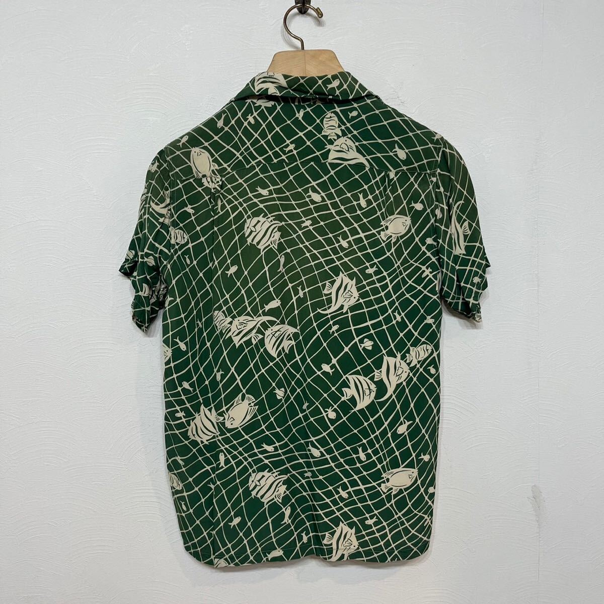 k334 50s ビンテージ Lion of Troy アロハ シャツ 魚 エンゼル フィッシュ S グリーン 緑 vintage aloha shirt ライオンオブトロイ_画像4