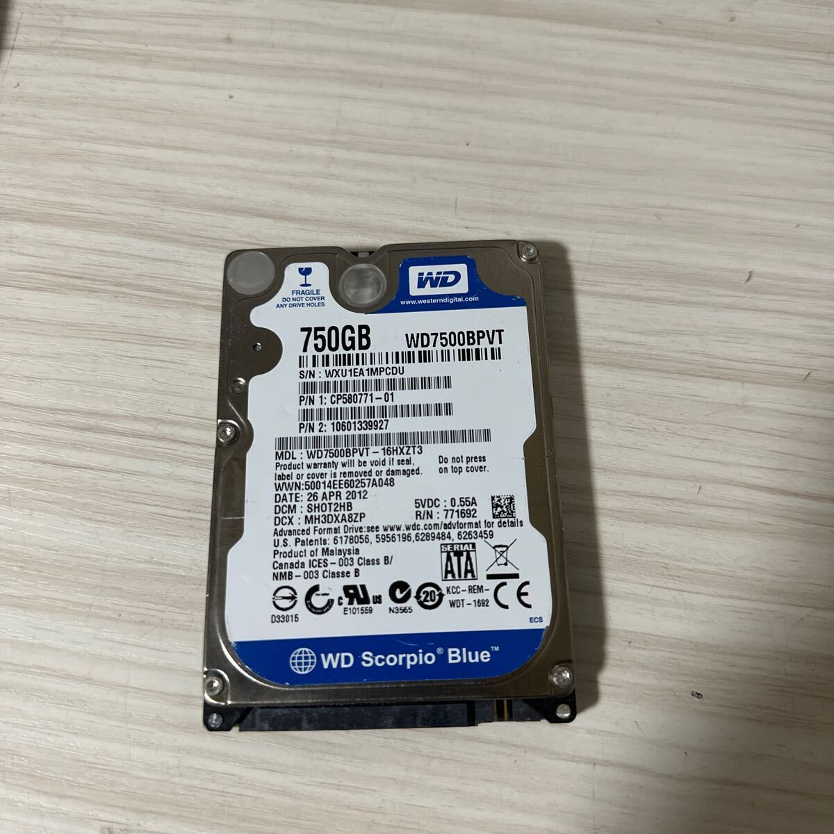 W6:【動作保証/使用0時間】WD 750GB HDD WD7500BPVT 2.5インチ 9.5mm厚 CrystalDiskInfo正常判定_画像1