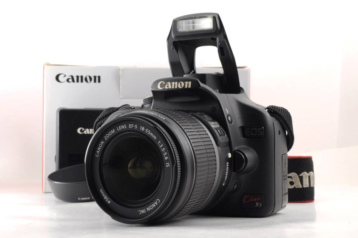 シャッター回数 1485回 動作品 キャノン Canon EOS Kiss X3 レンズ EF-S 18-55mm f3.5-5.6 IS デジタル一眼カメラ 箱 充電器付 管80K6153_画像1