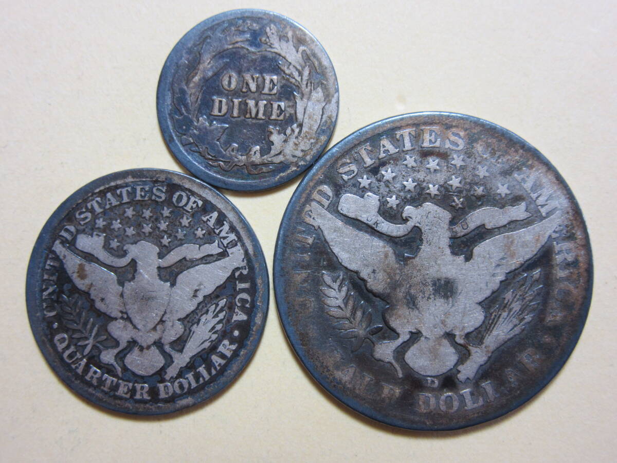 ２、アメリカ HALF QUARTER DOLLAR ONE DIME銀貨 １９０６・１８９６・１９１６年 ３枚 １９，４１ｇ の画像6