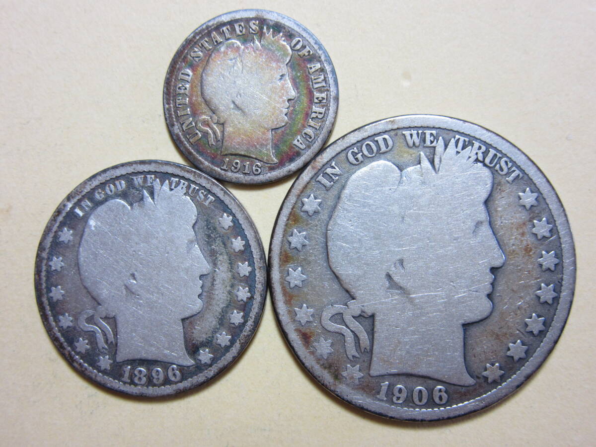 ２、アメリカ HALF QUARTER DOLLAR ONE DIME銀貨 １９０６・１８９６・１９１６年 ３枚 １９，４１ｇ の画像7
