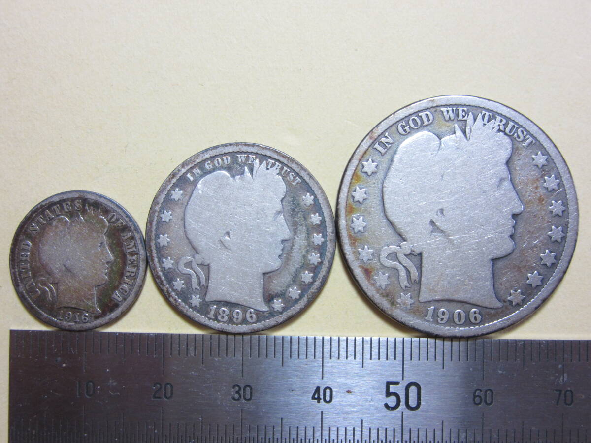 ２、アメリカ HALF QUARTER DOLLAR ONE DIME銀貨 １９０６・１８９６・１９１６年 ３枚 １９，４１ｇ の画像1