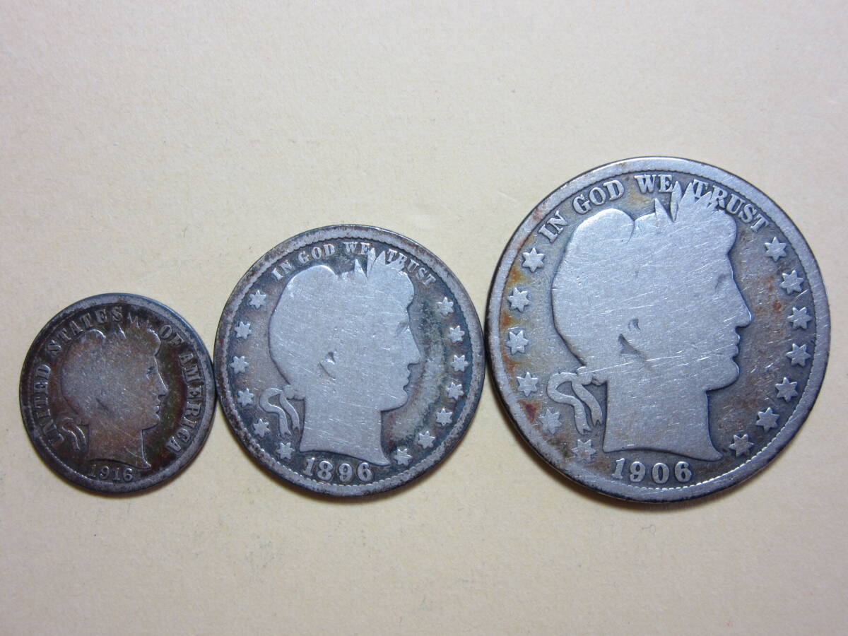 ２、アメリカ HALF QUARTER DOLLAR ONE DIME銀貨 １９０６・１８９６・１９１６年 ３枚 １９，４１ｇ の画像2