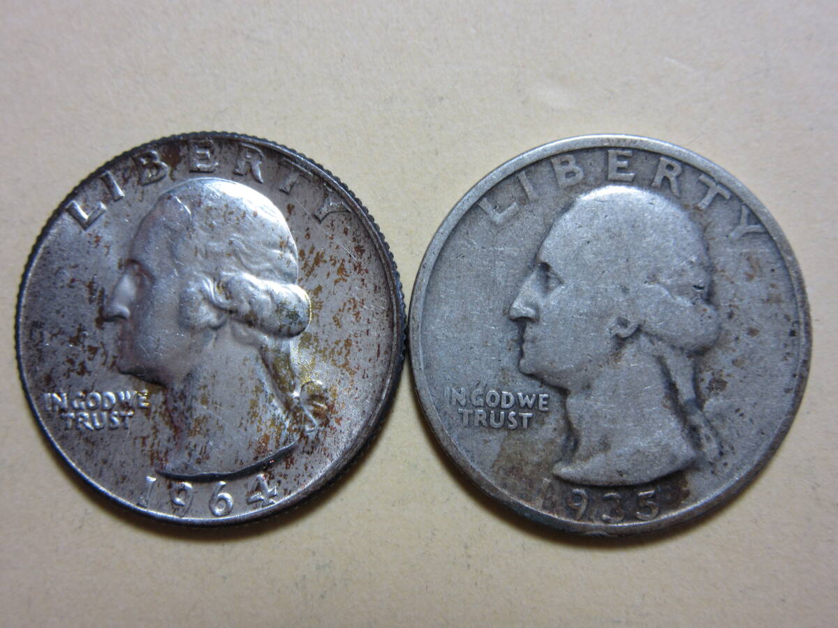 ５、アメリカ QUARTER DOLLAR銀貨 １９３５・６４年 ２枚 １２，２９ｇの画像2
