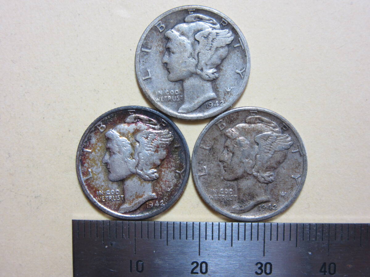 １１、アメリカ ONE DIME銀貨 １９４２・４５年 ３枚 ７，４３ｇの画像1
