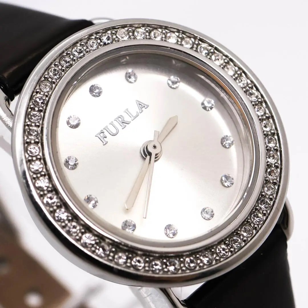 《人気》FURLA 腕時計 シルバー ストーンベゼル レザー レディース p