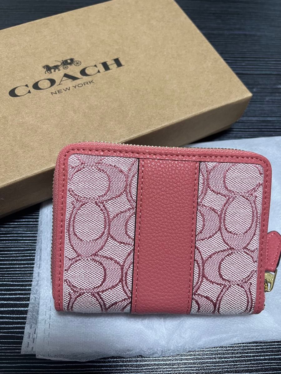 COACH コーチ 二つ折り財布 ピンク シグネチャー レディース 新品