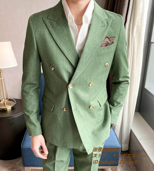 スーツセット 新品■メンズ ダブルスーツ ビジネススーツ 上下セット シングルスーツ 高級 無地 スリム 二つボタン 紳士 結婚式 緑系 L