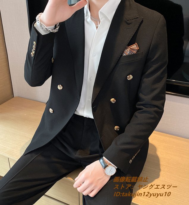 スーツセット 新品■メンズ ダブルスーツ ビジネススーツ 上下セット シングルスーツ 高級 無地 スリム 二つボタン 紳士 結婚式 黒色 2XL