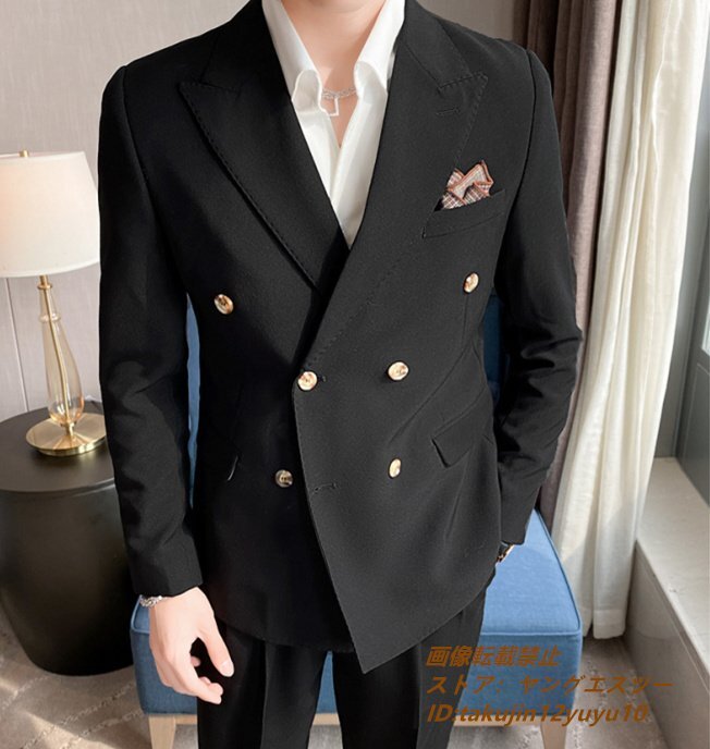 スーツセット 新品■メンズ ダブルスーツ ビジネススーツ 上下セット シングルスーツ 高級 無地 スリム 二つボタン 紳士 結婚式 黒色 XL