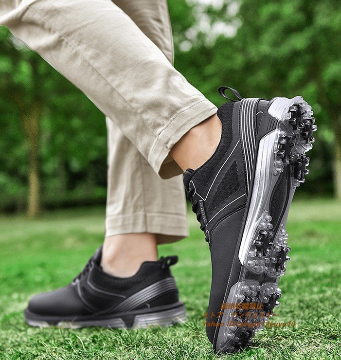 高級品 メンズ ゴルフシューズ 運動靴 フィット感 スポーツシューズ スパイク 強いグリップ 軽量 弾力性 通気性 防滑耐磨 撥水 黒 24.5cm_画像6