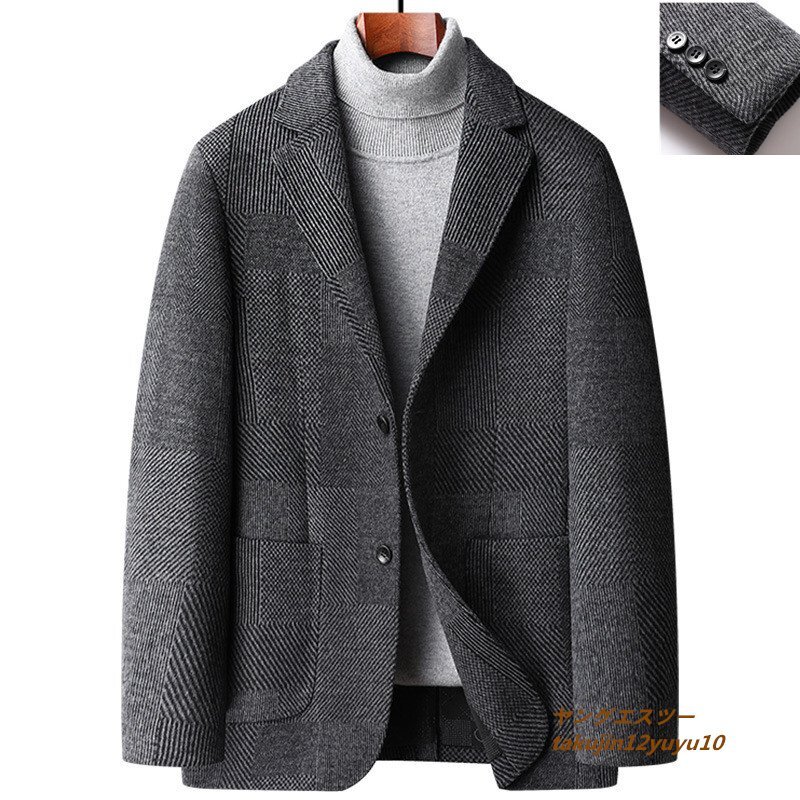 定価8万超 メンズ テーラードジャケット 高級 ウール ブレザー カシミヤ混 セレブ*WOOL 美品 紳士スーツ 細身 アウター グレー 2XL