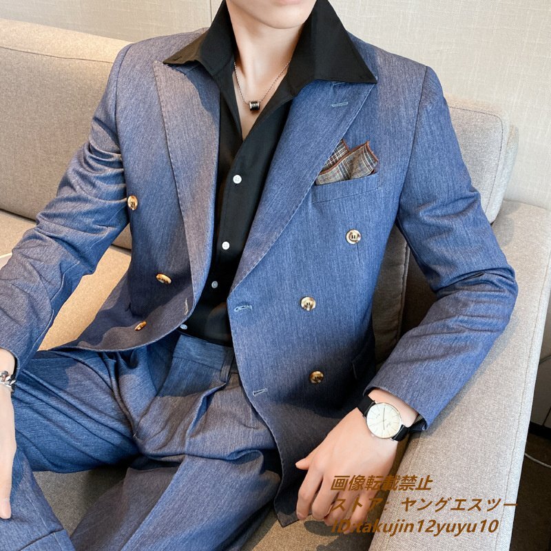 スーツセット 新品■メンズ ダブルスーツ ビジネススーツ 上下セット シングルスーツ 高級 無地 スリム 二つボタン 紳士 結婚式 ブルー 3XL