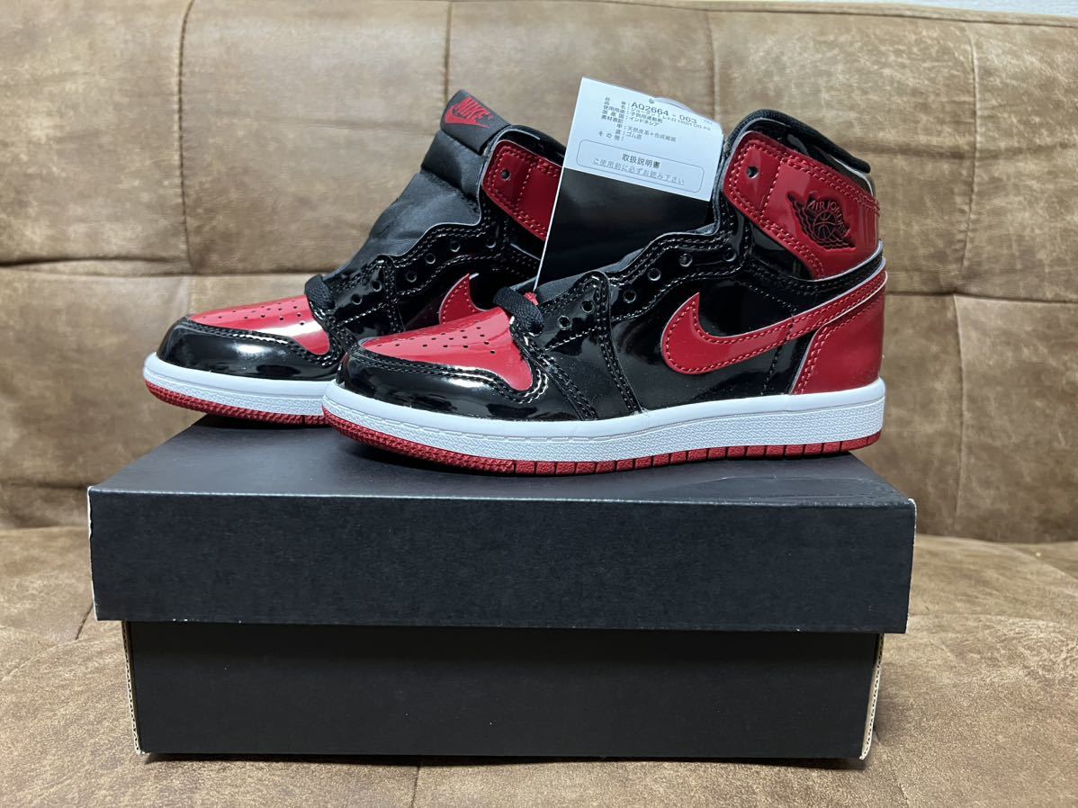 新品未使用品　NIKE AIR JORDAN 1 RETRO HIGH OG PS 18.5cm BRED ブレッド　ナイキ　エアージョーダン1 ハイ　パテントレッド　黒タグ_画像1