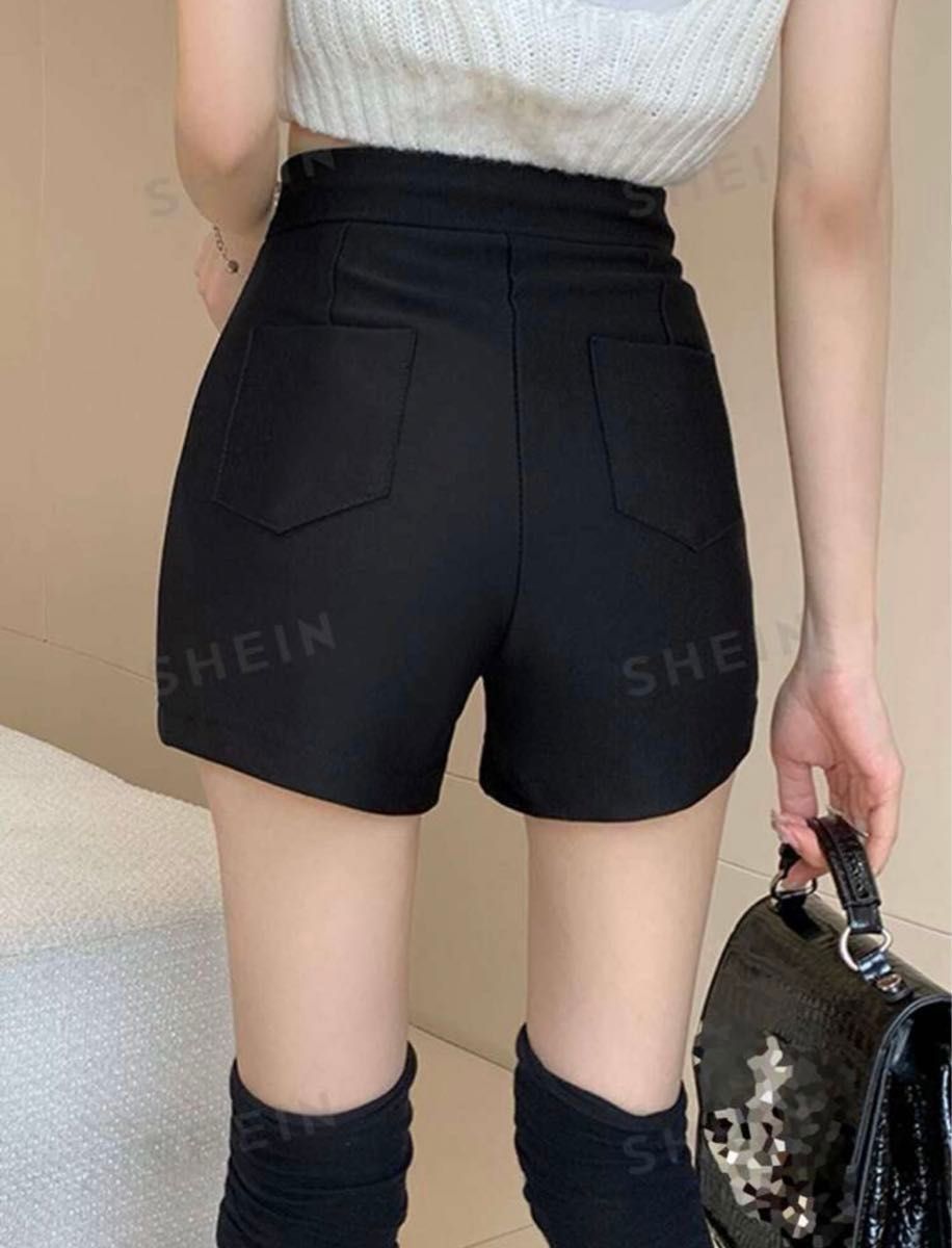 SHEIN 無地柄 ハイウェスト ストレートレッグ ショートパンツ