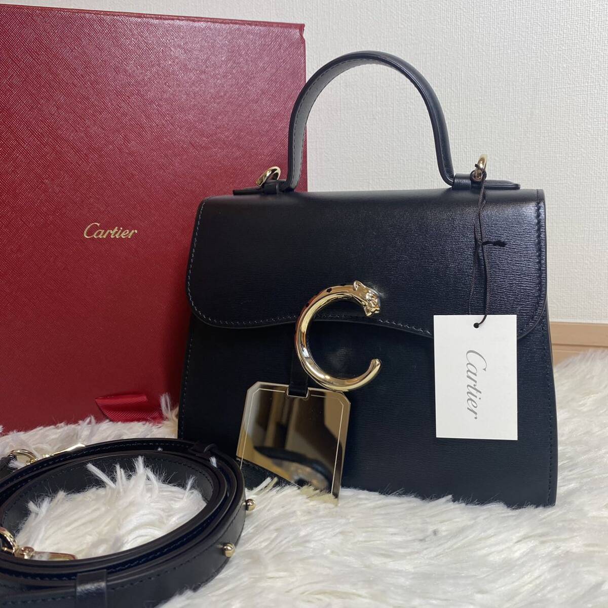 【定価44万円 現行品・極美品】Cartier カルティエ パンテール ドゥ 2way ショルダーバッグ ハンドルバッグ ミニ 黒 カーフスキン 鏡付き_画像1