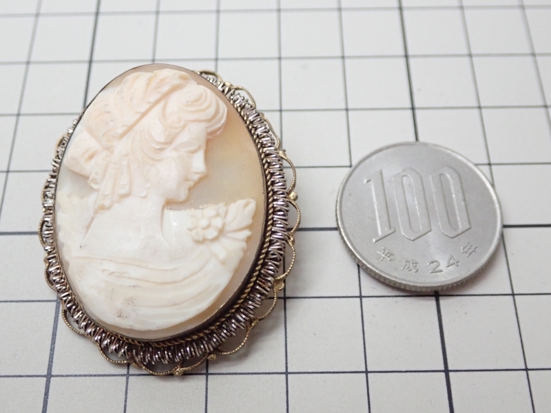 L092　ヴィンテージ　ブローチ　シェルカメオ　女性像　彫刻　Cameo　Brooch_画像10